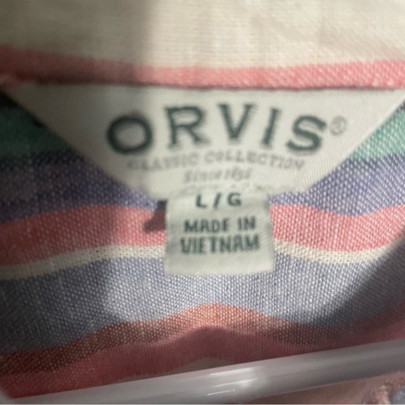 Orvis Pastel Striped Linen Blend Relaxed Short Sleeve Button Down Shirt size L - Picture 6 of 7